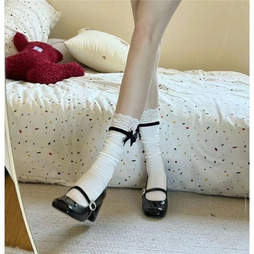 2024 Spring New Sweet Lolita Bow White Mid-Calf Socks with Japanese Lace Edge Breathable Ankle Socks