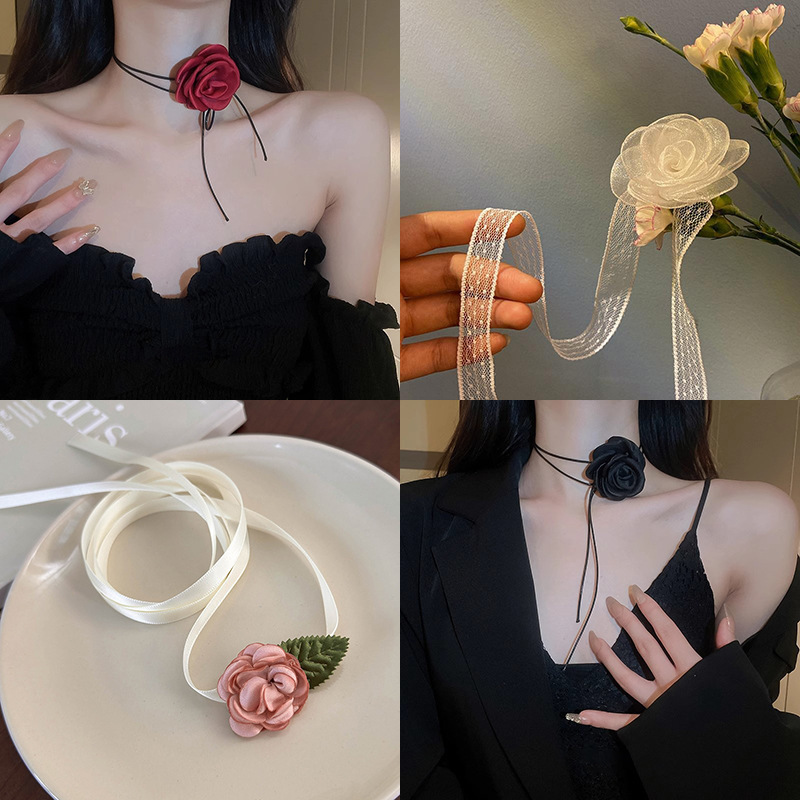 New Korean style white lace three-dimensional camellia flower ribbon hair band temperament neck chain bracelet retro hair tiara
