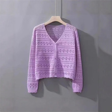 春夏季宽松V领镂空百搭时尚针织空调衫女式薄款长袖防晒开衫上衣