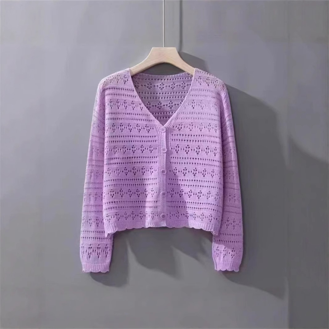 春夏季宽松V领镂空百搭时尚针织空调衫女式薄款长袖防晒开衫上衣