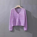 春夏季宽松V领镂空百搭时尚针织空调衫女式薄款长袖防晒开衫上衣