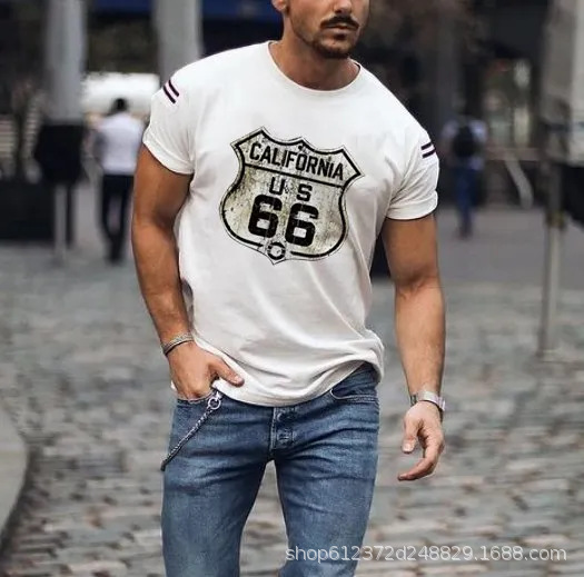 Cross-border Amazon hombres camisa de cuello redondo retro manga corta estilo europeo y americano impreso N ° 66 carretera carta camiseta