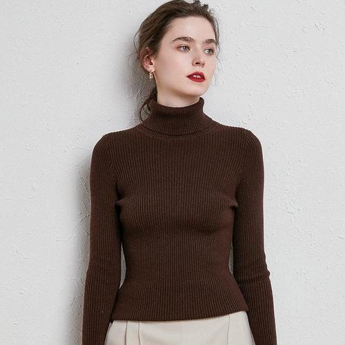 Women's 2025 Fall/Winter Thickened Wool Sweater: High-Neck Ribbed Pullover with Short Turn-Down Collar, Fitted Knit Base Layer