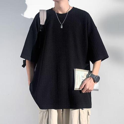 American-style striped t-shirt plain color short-sleeve T-shirt men's summer thin fashion five-sleeve t-shirt loose large size menswear