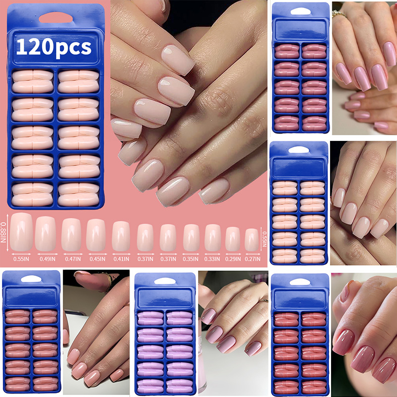 120 piezas de uñas falsas de color sólido desnudas cuadradas cortas desmontables de uñas en una caja azul