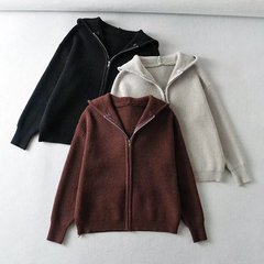 秋冬スタイルの帽子付き長袖純色ニットカーディガン