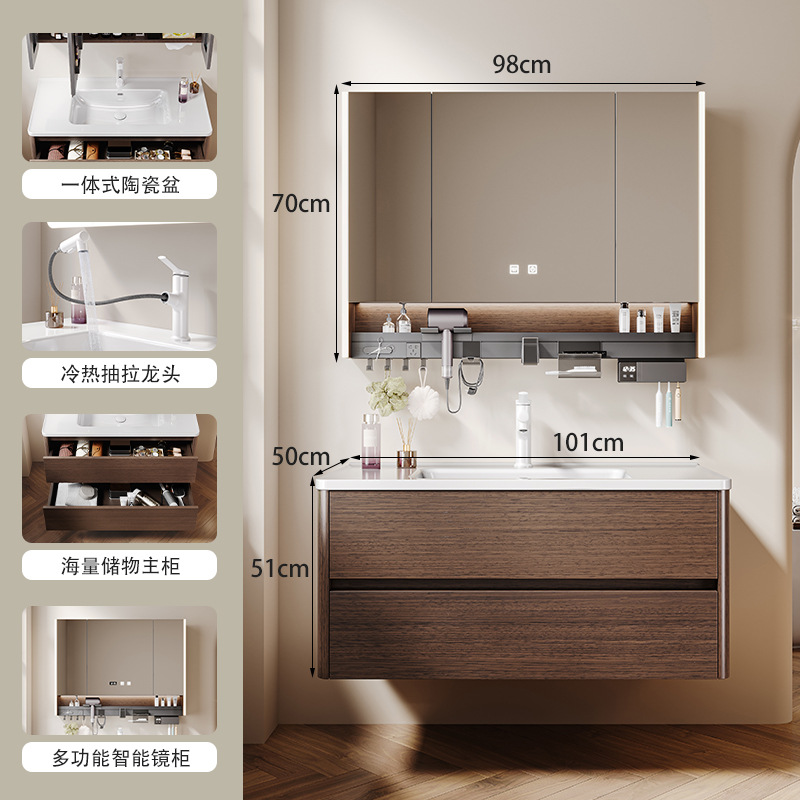 Mueble de baño de nogal, estilo mid-century, de madera maciza, con lavabo de cerámica integrado, mueble de baño y lavadero.