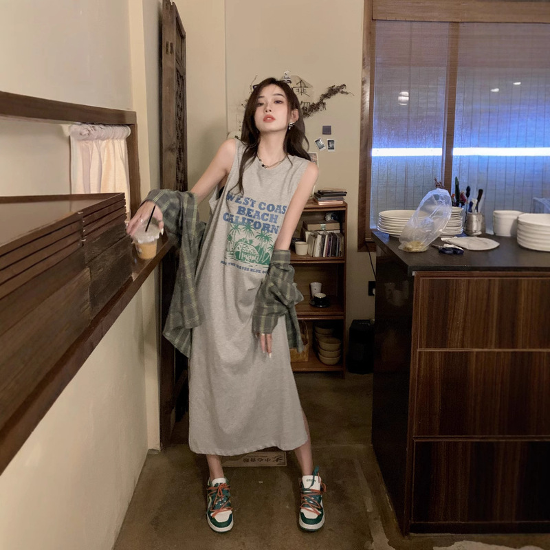 Pure Cotton Loose Lazy Style Dress Summer Split Print Sleeveless Vest Dress Long T-Shirt Dress Casual Long Dress
