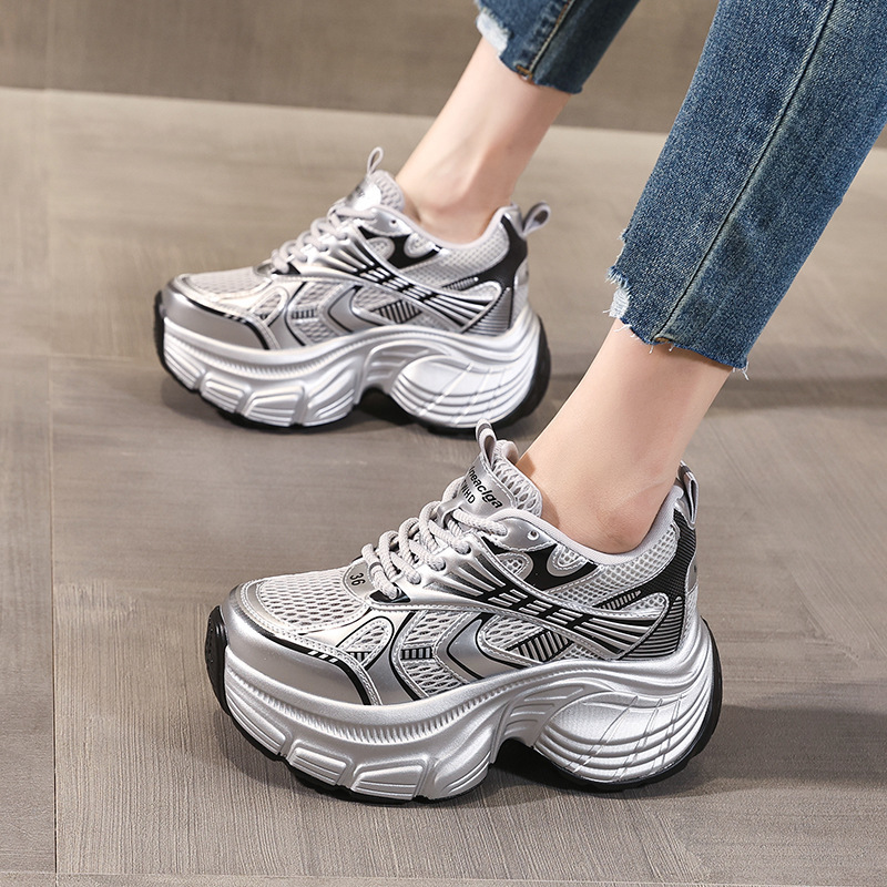 Giày sneaker nữ đế dày tăng chiều cao lưới thoáng khí phong cách dad shoes — xanh lam