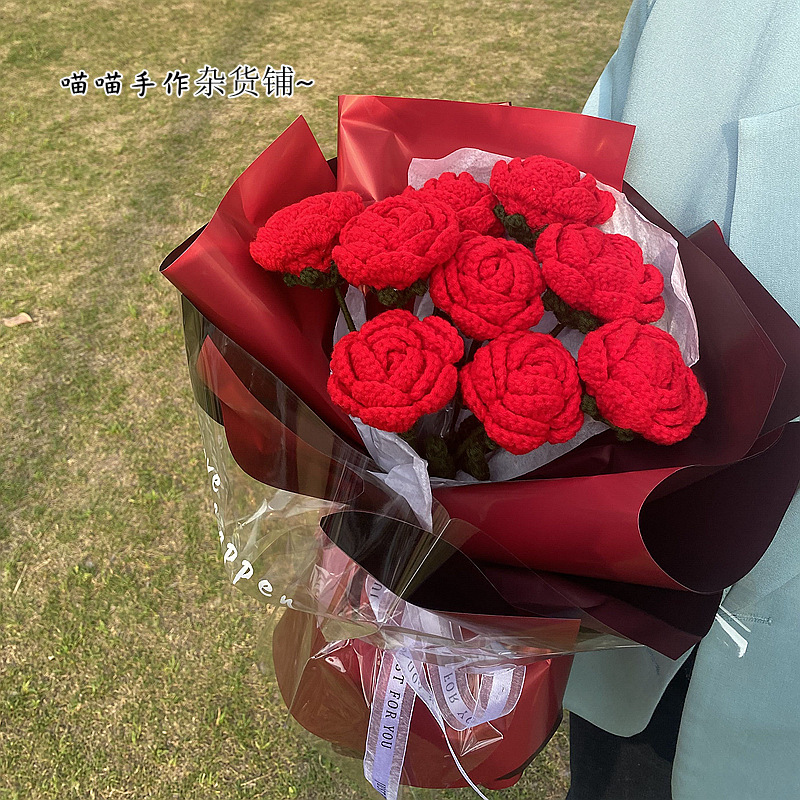 成品玫瑰花編織花束手工鈎針毛線編織仿真花情人節日520送人禮物