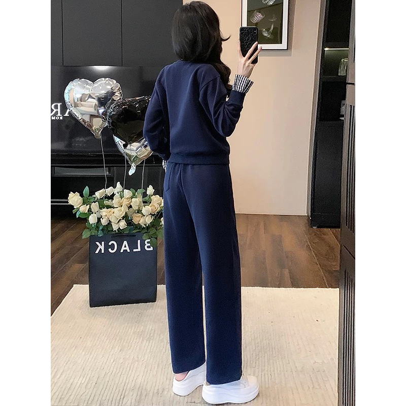 港风复古休闲套装女2025秋新款蓝色长袖圆领卫衣高腰阔腿裤两件套|undefined