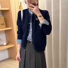 韩系假两件格子拼接毛衣女开衫秋冬新款设计感圆领针织衫外套上衣