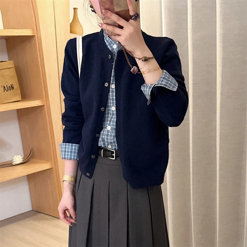 Korean Style Fake Two-Piece Plaid Splicing Knitwear Women's Cardigan Autumn and Winter New Design Round Neck Knitwear Jacket Top