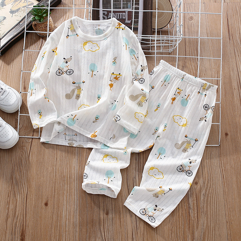Children's Thin Summer Pajamas, Boys' Home Clothes, Cotton Suits, Girls' Long-Sleeved Air-Conditioned Clothes, Baby Kidsren's Spring & Fall Pure