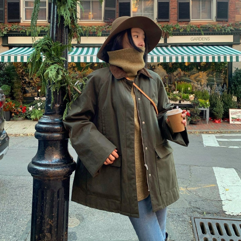 时髦bi备~棉衣女款工装风灯芯绒拼接翻领军绿色猎装夹棉外套女装