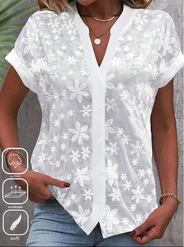 Regular Top Length Blouse Tops Type Holiday, Date Occasion V Neck Neckline Regular Fit Fit Type Wholesale Women's Simple Style Solid Color Flower Short Sleeve Blouses