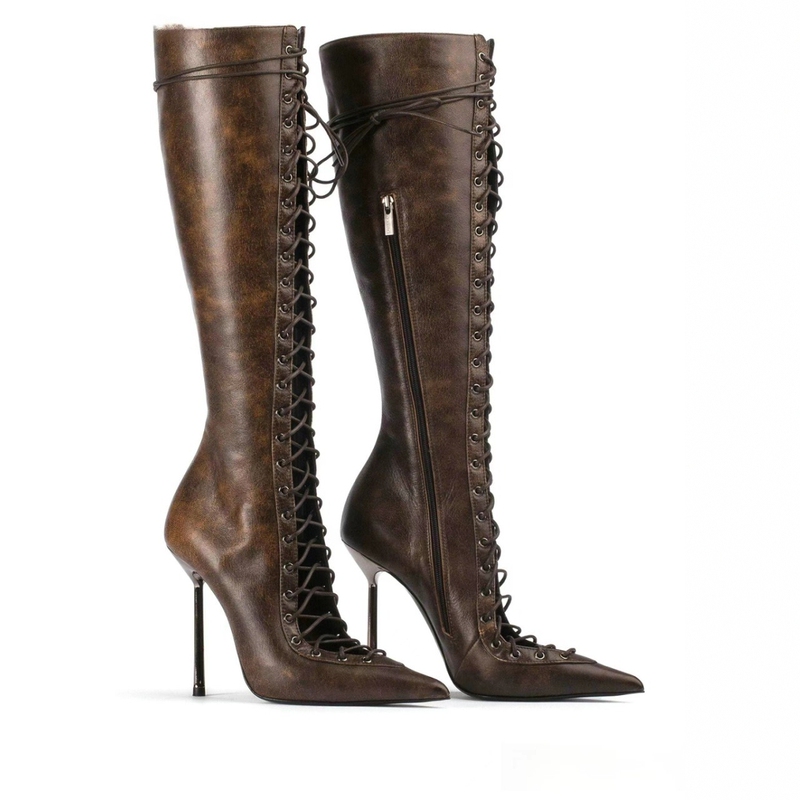 2024 European and American Foreign Trade Pointed Toe Hollow Cross-Tie Stiletto High-Heeled Boots Large Size High-Tube Boots Women's Knee-High Boots with Thin Heels