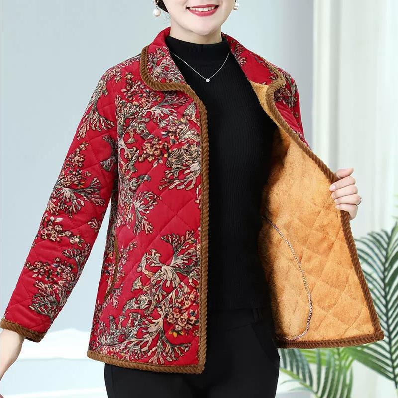 中老年妈妈棉袄秋冬装时尚大码加绒加厚保暖碎花翻领棉衣外套批发