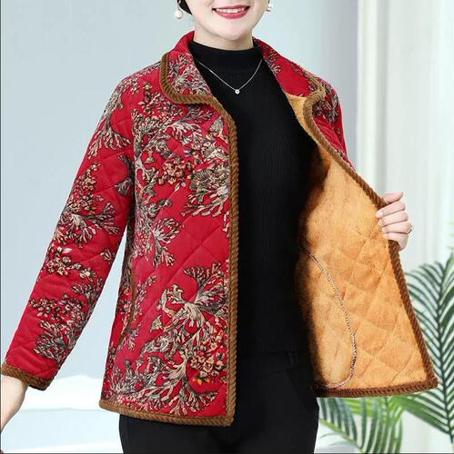 Mid-to-Old-Age Mother's Cotton Padded Coat for Autumn and Winter Fashion Plus Size with Fleece and Thick Padding, Floral Collar Cotton Jacket Outerwear for Wholesale