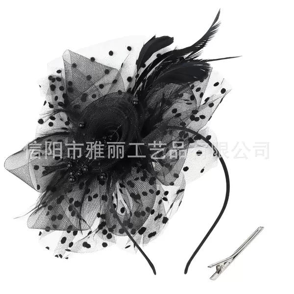 Cross-Border Vintage Mesh Flower Headpiece Bridal Feather Hair Accessory for Horse Racing Festival Tea Party Dance Party Headband