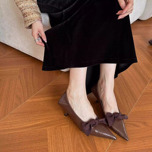 Black Small Leather Shoes New French Evening Wind Belt Buckle Bowknot Pointed Toe Thin Heel Elegant Women's Shoes
