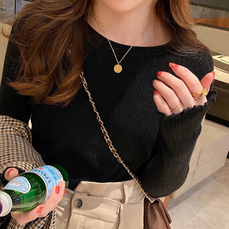 白色针织打底衫女2025秋冬新款内搭修身毛衣设计感木耳边长袖上衣|undefined