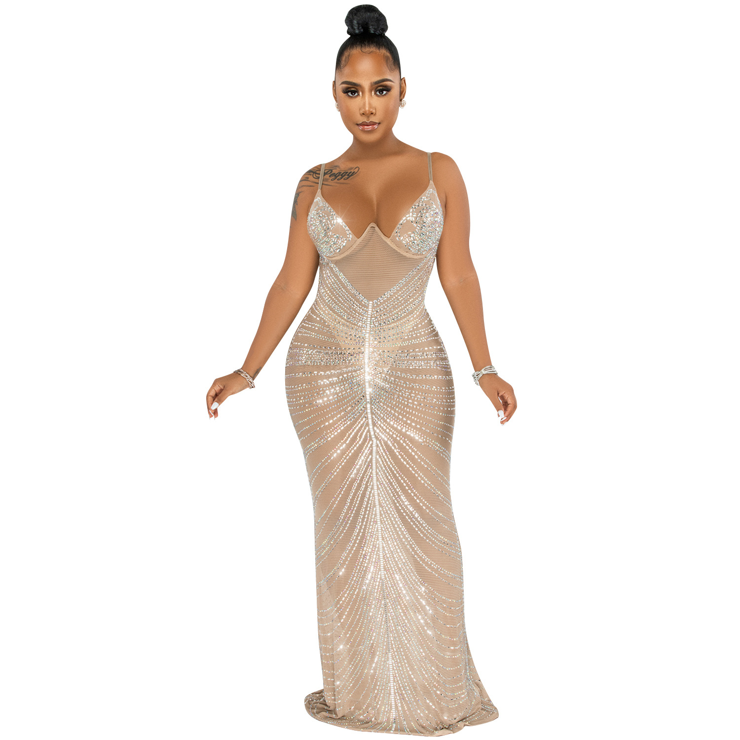 Hot Rhinestone Sling Wrapped Breast Mesh Perspective Prom Dress NSXYZ110907