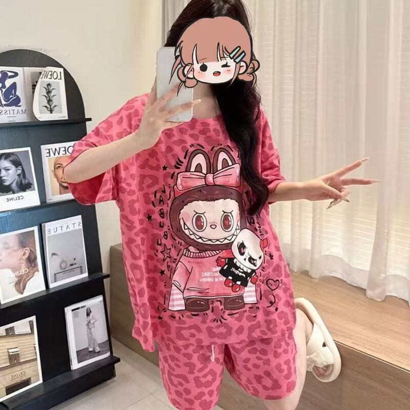 Douyin ライブブロードキャスト人気のクラウドコットンパジャマ女性用半袖ショーツ胸パッド付きルーズカレッジスタイルホームウェア女性用スーツ|undefined