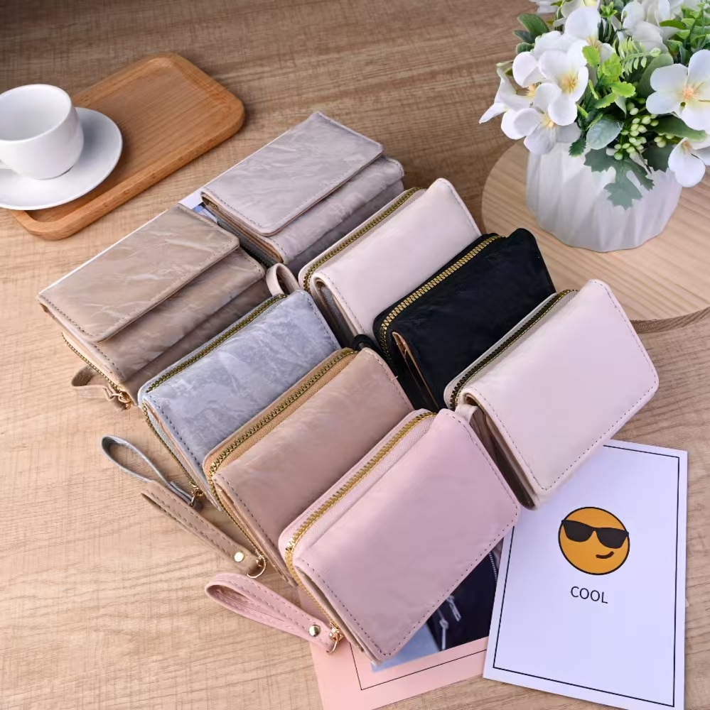 新款跨境高级感短款多功能钱包女流纹三折RFID大容量零钱袋收纳包