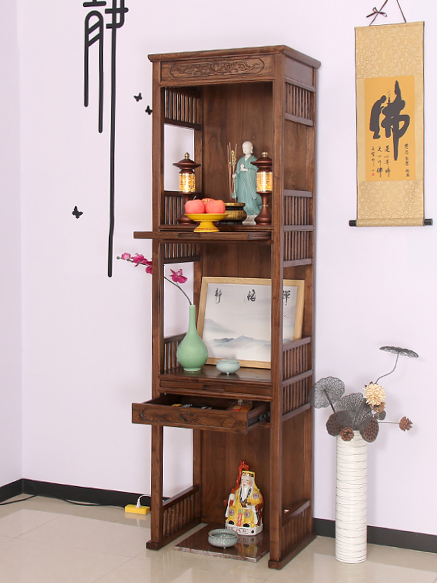 Old Elm Solid Wood Three-Layer Buddhist Altar Home Standing Cabinet Offering Table Simple Guanyin Land Offering Buddha Cabinet