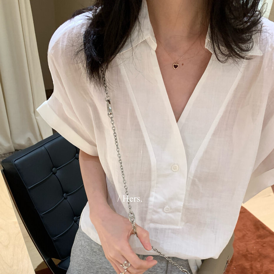 Áo sơ mi nữ linen tay ngắn cổ V phong cách Pháp — nghệ, màu hồng, màu trắng, màu mơ