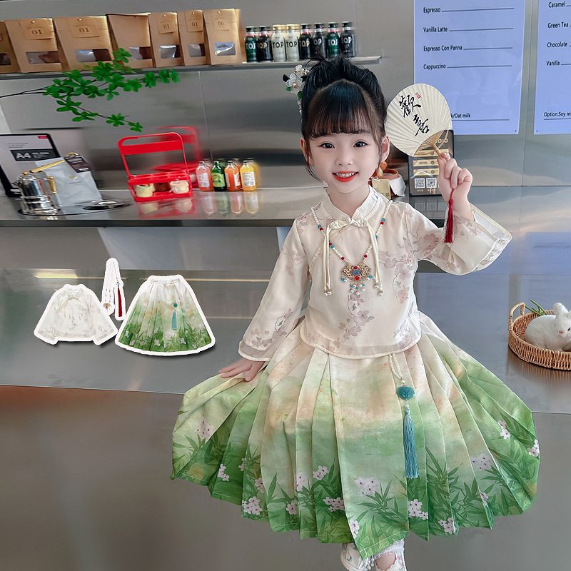Ladies' and Girls' Set of Ma Mian Skirts, 2023 New Autumn Collection, Chinese Traditional Style, Ancient Chinese Style Hanfu, Children's Long Sleeve Autumn Dress