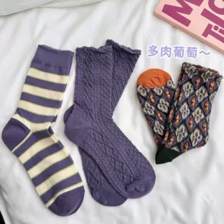 紫色复古宫廷风中筒袜森系浮雕花花泡泡袜撞色绿色系袜子棉袜女袜