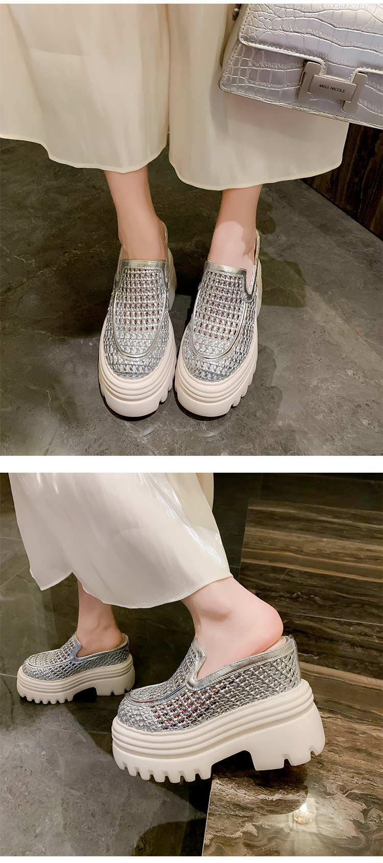 Dép lê bít mũi đế xuồng cao gót 12cm lưới thoáng khí — Màu trắng be 15cm, Màu bạc 10cm, Màu trắng be 10cm, Màu bạc 12cm chi tiết 17