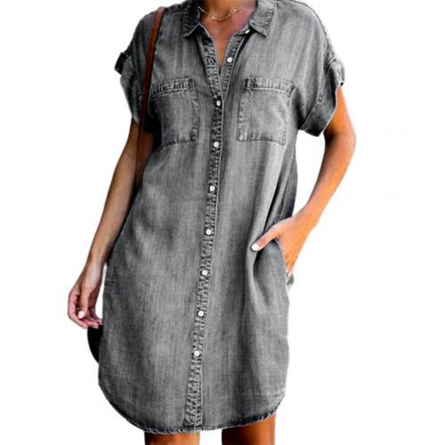 Women's Denim Dress Casual Turndown Short Sleeve Solid Color Knee-length Street display picture 5