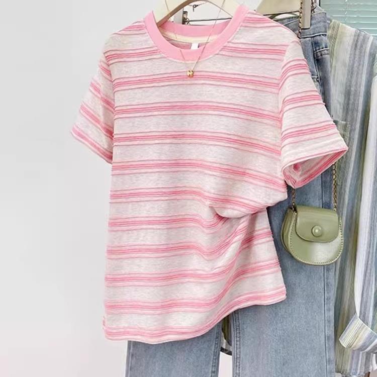 夏甘いデザインピンクストライプ半袖TシャツルーズファットMM 150kg大きいサイズラウンドネックカジュアルトップ|undefined