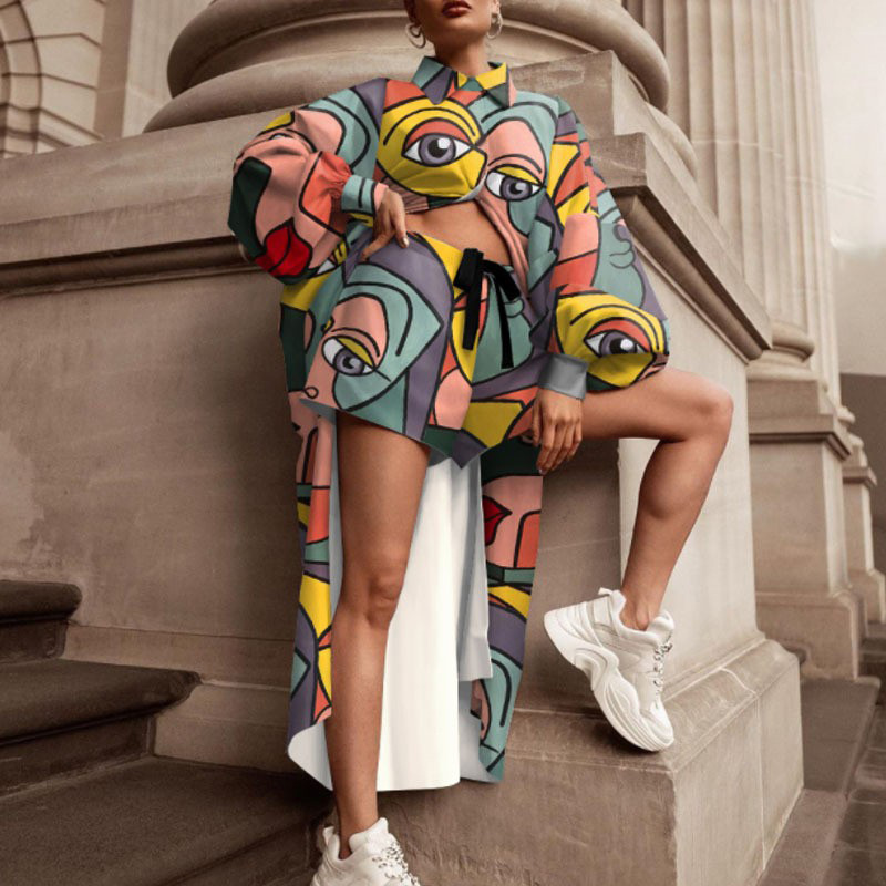 2023 transfronterizos Otoño e Invierno Nuevo europeo y americano impreso Top shorts traje camisa collar moda tendencia traje de dos piezas