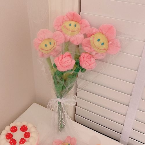 Smiling Face Plush Sunflower Artificial Flower Bouquet Rose Fake Flower Room Decoration Ornament Birthday Gift For Girls Photo Prop