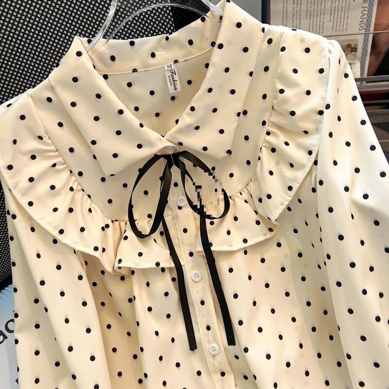 French-style 2026 new product: ruffled autumn polka dot shirt with bow, new spring high-end lace-up long-sleeve top