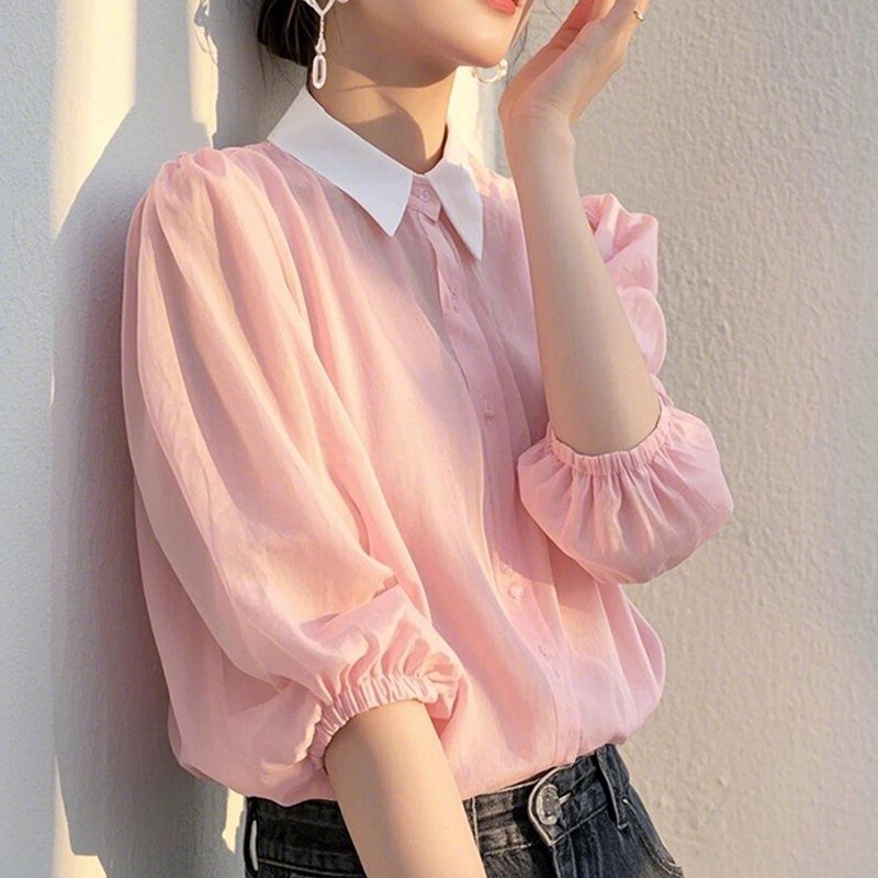 Fashionable and High-End Beautiful Pink Collar Three-Quarter Sleeve Shirt for Women Spring Style Unique and Super Nice Sun Protection Shirt Fashionable and High-End Beautiful Pink Collar Three-Quarter Sleeve Shirt for Women Spring Style Unique and Super Nice Sun Protection Shirt