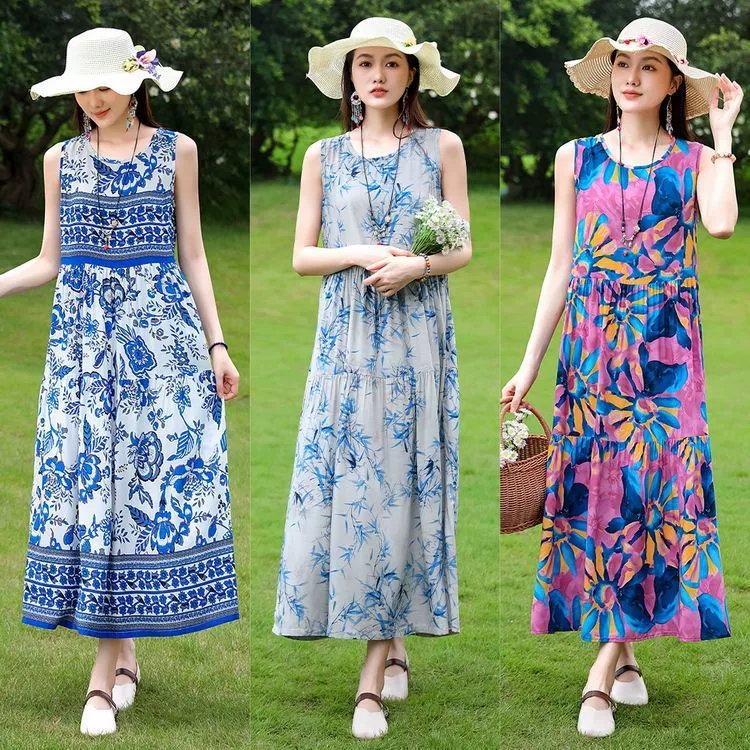 Летнее хлопчатобумажное шелковое платье средней длины больших размеров, без рукавов, свободного кроя, утягивающее, с цветочным принтом, длинная юбка для мамы.
