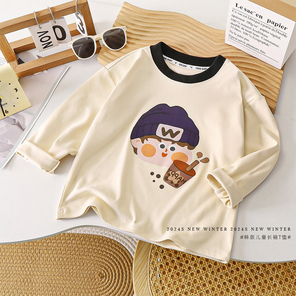 어린이 가을 긴팔 티셔츠 남자  의 서양식 루즈 티셔츠 탑 걸스 캐주얼 라운드 넥 가을베이스 셔츠