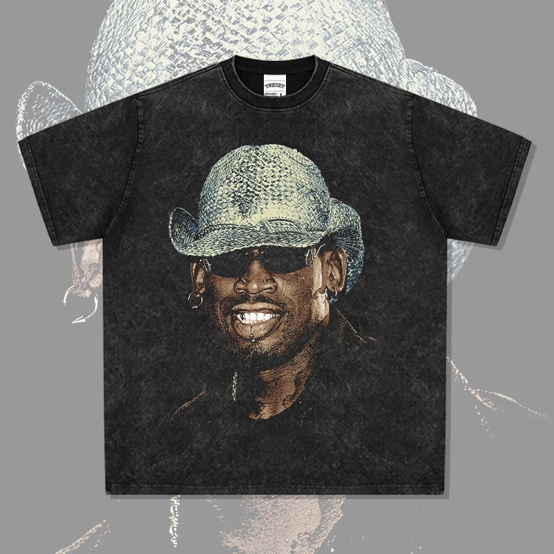 Cross-border Dennis Rodman Star Portrait American Retro Printed Short-sleeved T-shirt Heavy Loose Top
