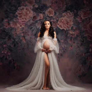 Cross-border 23 Photo Portrait Pregnant Women Photo Clothing Skirt Photo Studio Photo Soft Net Bead Lace-up Fairy Pregnant Mommy Dress