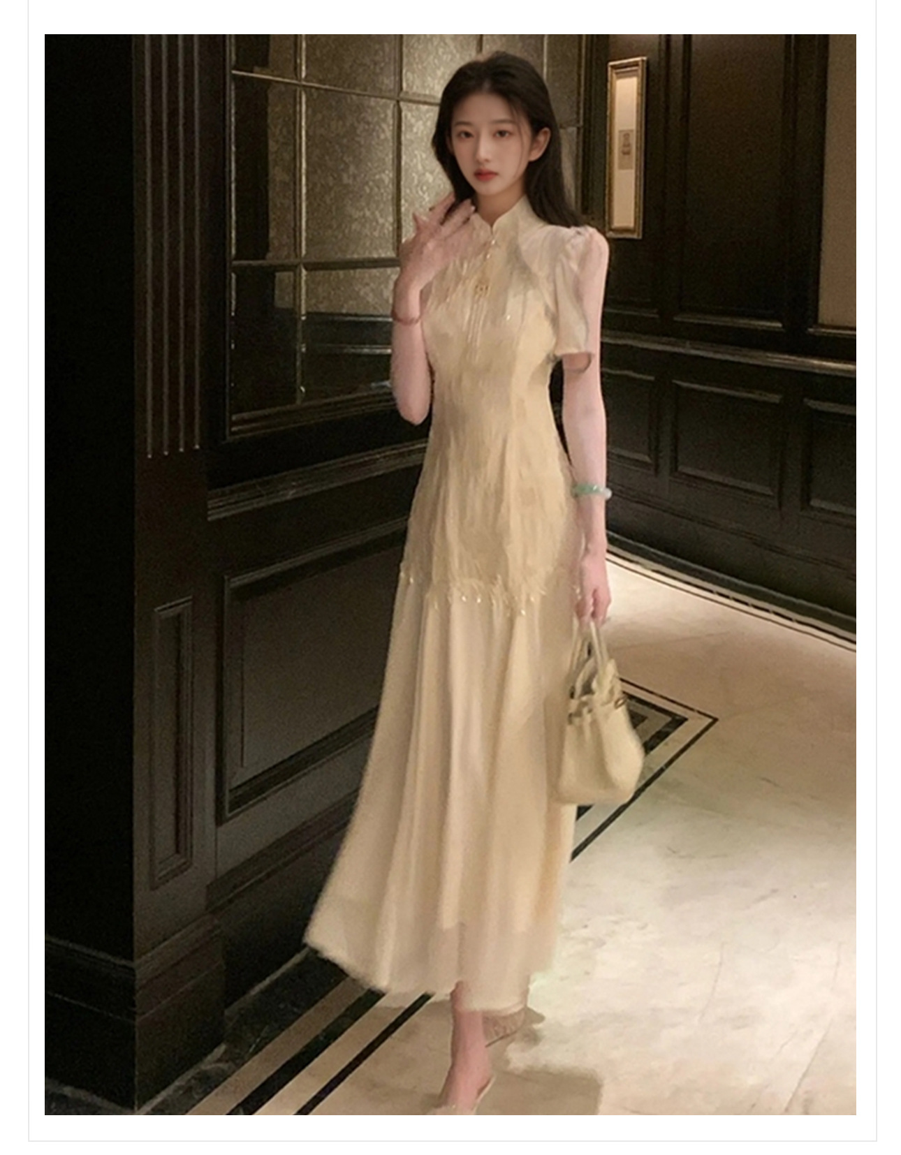 Đầm sườn xám ôm body thêu hoa đào phong cách Trung Hoa mới mùa hè ZX N4091 — Ánh trăng xanh lam, Màu trắng be chi tiết 3
