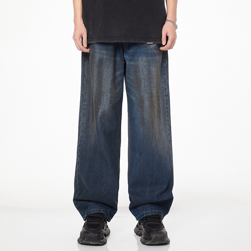 Men's high street wide leg mop pants trendy brand distressed dirty pants straight leg loose jeans_voghion.com