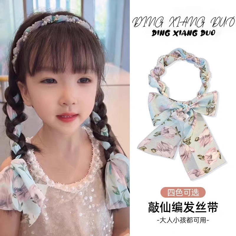Niños super inmortal tejido bufandas de seda flotantes flores flotantes un cabello de cola de caballo atar cinta de cabello cabeza de cuerda de perla cabeza de cuerda de cabello