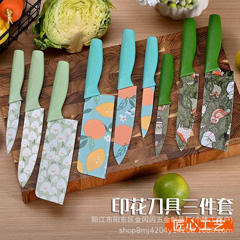 Stainless Steel Printing Knife Three-Piece Set Household Kitchen Knife Chef Knife Fruit Knife Combination Kitchen Gift Knife Set