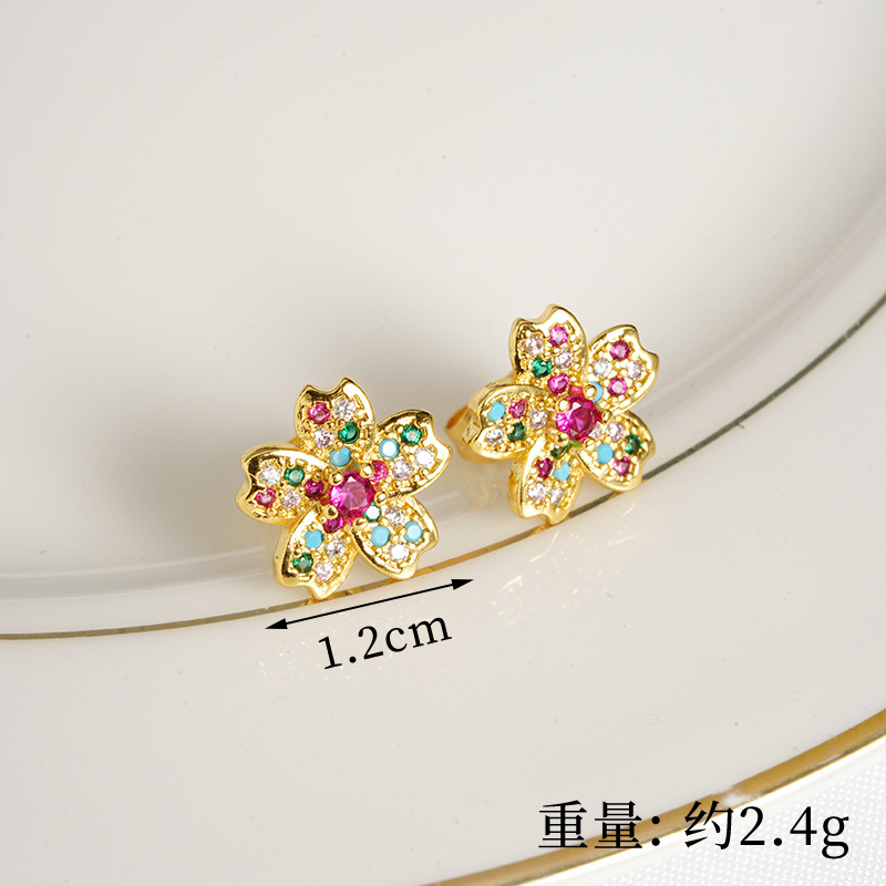 Vietnam Shajin estilo coreano pequeño, fresco, simple, de alta gama, lleno de diamantes, collar de flores de cerezo, pendientes, fuente de joyería que no se desvanece durante mucho tiempo