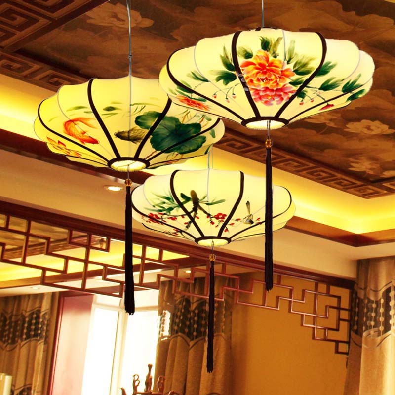 新中式吊灯中国风餐厅客厅饭店茶楼复古吊灯具火锅店手绘布艺灯笼